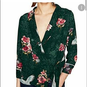ZARA CRANE Floral Print Wrap Blouse Kimono Style
